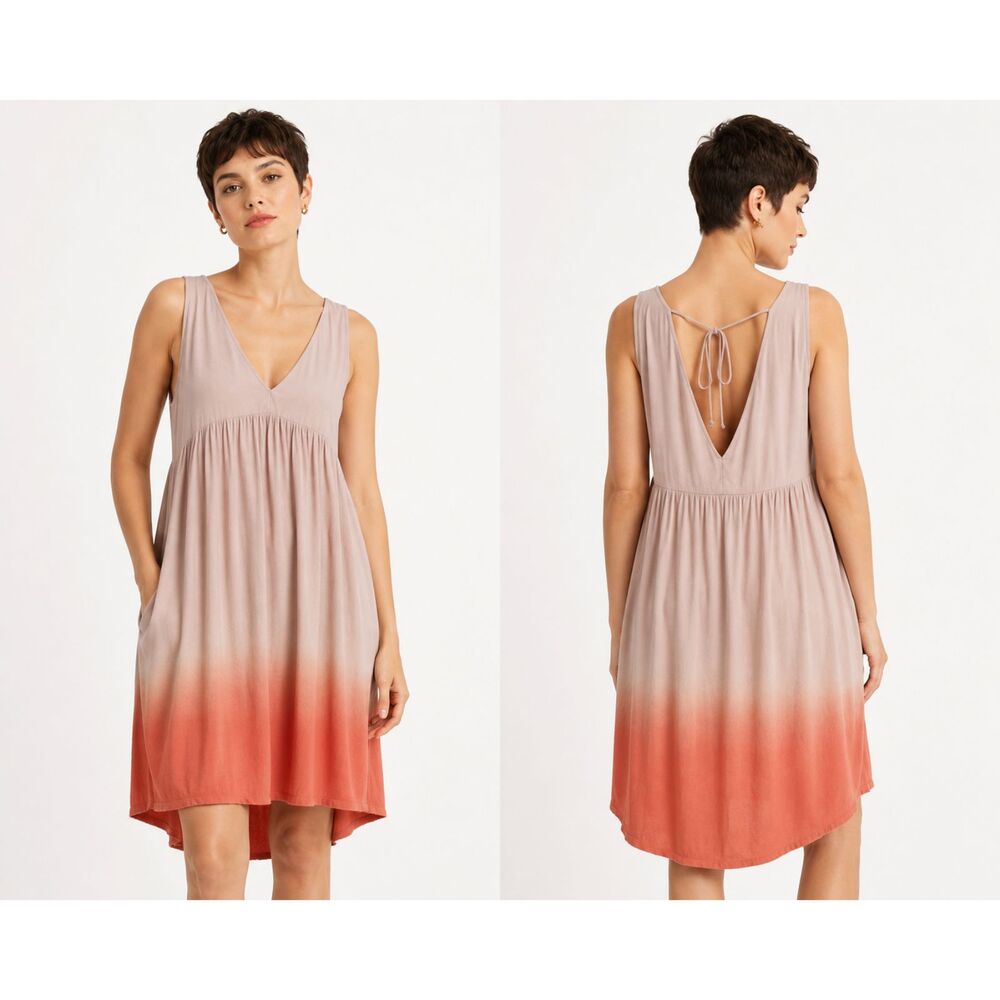 New UMGEE M 8 10 Ombre Rose V Deep Neck Tie Back Dress Pockets Frayed Hem Beachy